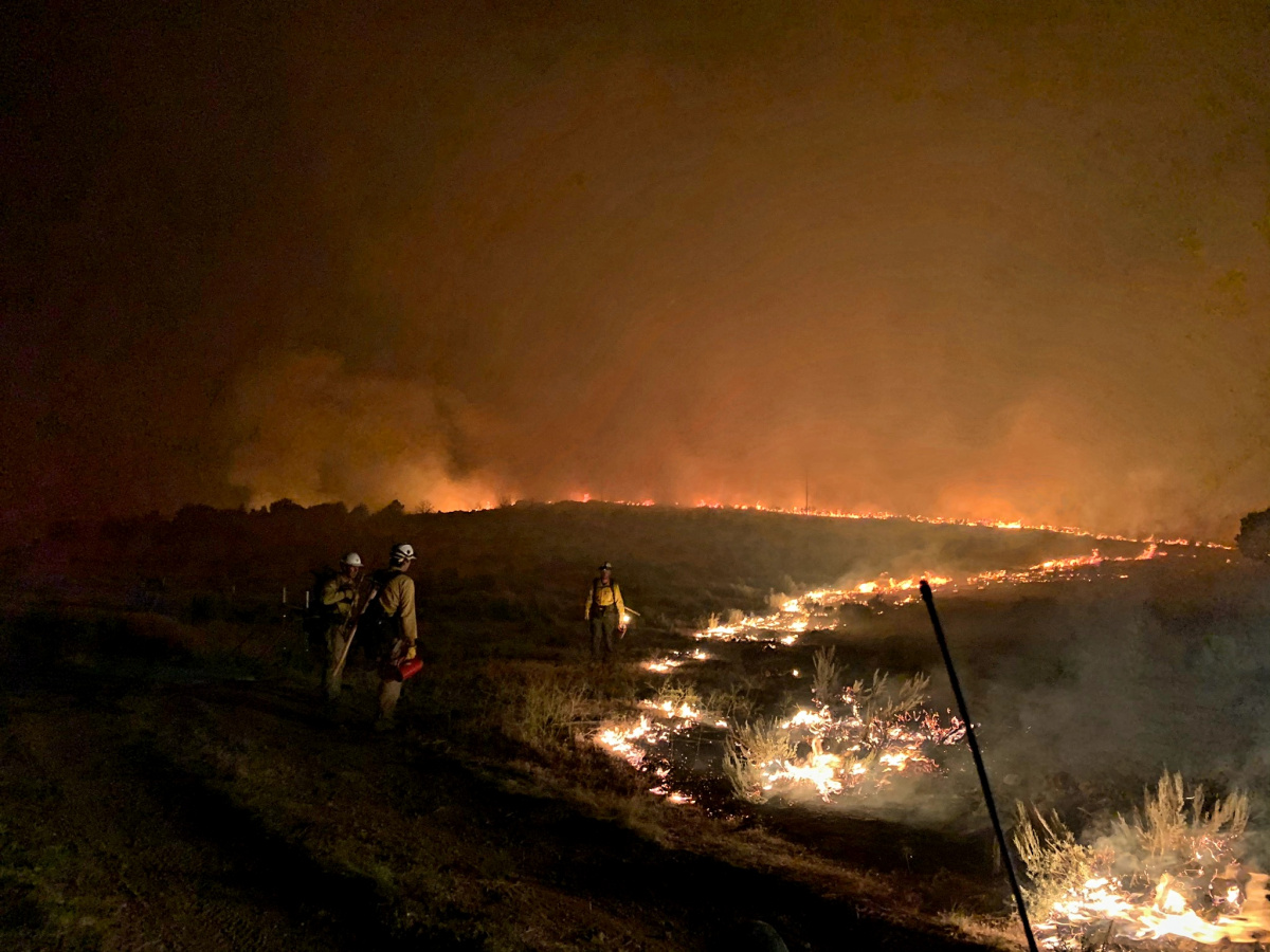 Night burnout operations inside the treatment area of the Veyo Fire.