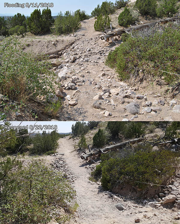 efore and after images of a segment of washed out trail showing the hard work done by all employees.