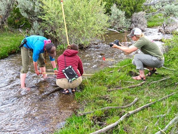 Hannah Cain films two field biologists monitoring a creek for fisheries habitat in the BLM Salmon Field Office.
