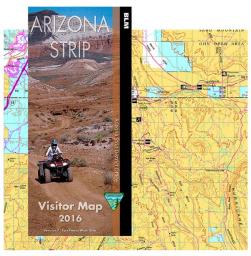 A thumbnail showing two items side by side. On the left is the cover of the Arizona Strip Visitor Map 2016 brochure, produced by the BLM Arizona Strip District Office. The cover features a photograph of a person riding an ATV through a rugged red rock desert landscape, with mountains in the background. The title reads "Arizona Strip Visitor Map 2016." On the right is a portion of the east half map showing a color-coded land use map of the Arizona Strip.