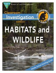 A cover image for an educational booklet titled “Habitats and Wildlife,” featuring two birds taking off from the surface of a calm lake, surrounded by dense green forest with tall trees.