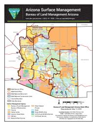 Arizona Surface Management map showing land management by agency statewide, including BLM, Forest Service, tribal, state, military, and private lands.