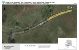 Map of Nome Creek showing the restoration area and the location of the closed trail. 