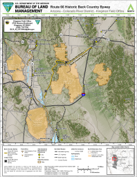 A map of the Route 66 Historic Back Country Byway in western Arizona. The 42-mile paved byway is shown as a yellow line running between Kingman and Topock, passing through the Black Mountains and the town of Oatman. Two visitor kiosk symbols are shown along the byway. Five BLM wilderness areas are shown in gold/tan, including the Chemehuevi Mountains, Dead Mountains, Mount Nutt, Wabayuma Peak, and Warm Springs wilderness areas.