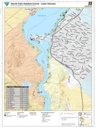 Twenty-one numbered fish habitat coves are marked with red markers along the lake shoreline, ranging from Mesquite (1) in the north to Steamboat (21) in the south. Artificial habitat areas are shown in green along the shoreline. A fishing pier symbol marks the Site Six Public Fishing Pier. Lake Havasu is shown in light blue. A reference table in the lower left lists all 21 coves by number, name, latitude, and longitude. An inset locator map in the lower right shows the map area in regional context.