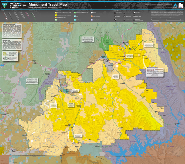 Detailed travel map highlighting National Conservation Lands around Grand Staircase-Escalante National Monument with marked trails and visitor info.