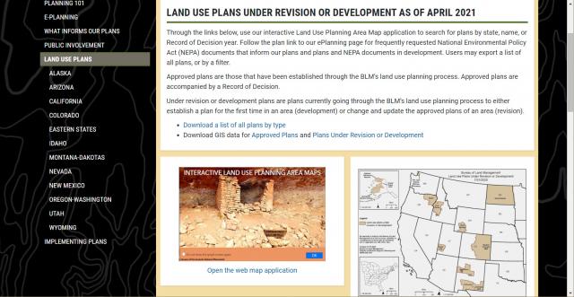 a screenshot of the BLM Planning & NEPA webpage link to the app
