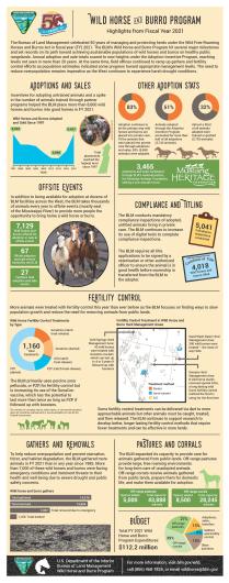 An infographic displaying key data about the Wild Horse and Burro Program. Data can be found at blm.gov/whb