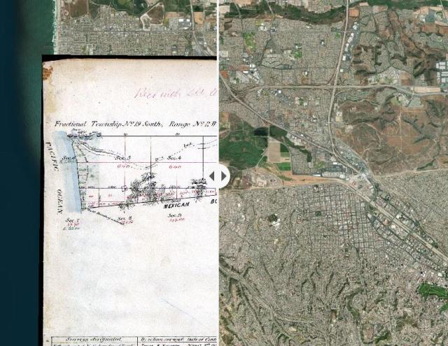 Marble Monument area showing the plat for Township 19 South, Range 2 West, San Bernardino Meridian overlaid satelitte imagery of Imperial Beach.