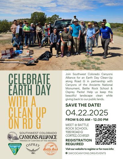 a graphic announcing an Earth Day event at Canyons of the Ancients