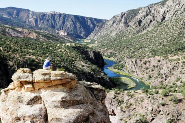 A photo showing a person sitting on a sandstone cliff, looking out to the distant canyon dotted with green vegetation, a ribbon of blue and green water makes its way along the canyon floor.