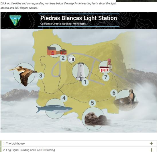 Photo showing a screenshot of a webpage. The screenshot shows a map of the area around Piedras Blancas Light Station on the California coast. Sites 1 through 7 are shown on the map with a number and a picture. Sites 1 and 2 are shown in a list below the map; the rest of the sites aren’t shown. 