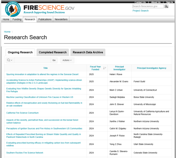JFSP database screenshot