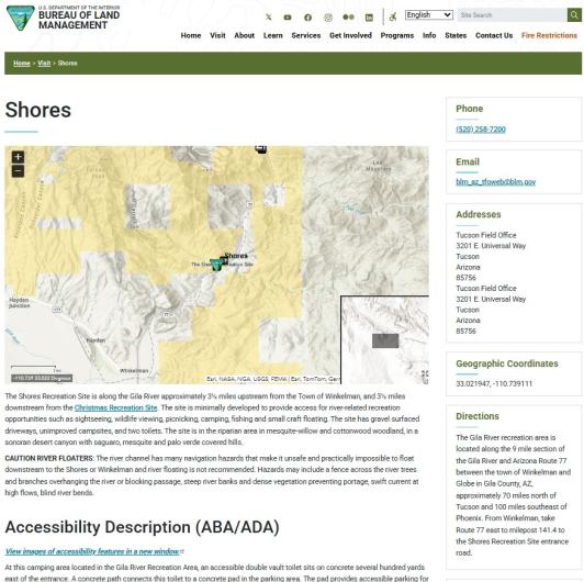A screenshot showing a BLM Visit page, or webpage, for the Shores recreation site in Arizona. It has a map, description, directions, and contact information.   