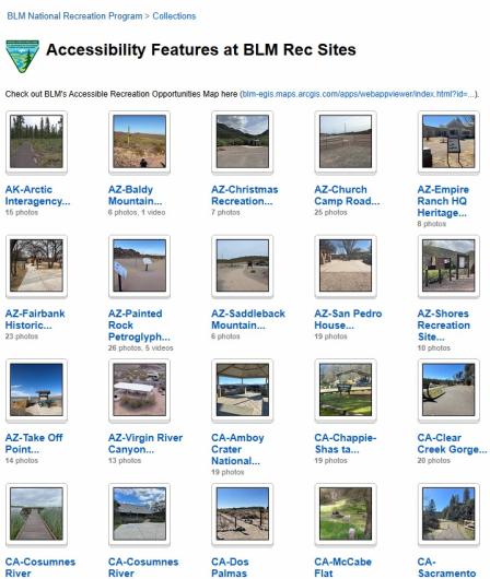 A screenshot showing 20 thumbnail photos that represent photo albums for accessibility features at BLM recreation sites. 