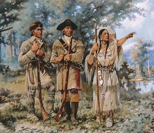 A painting showing Captain Meriwether Lewis, Captain William Clark, and Sacagawea, from the painting "Lewis and Clark at Three Forks" by Edgar S. Paxson