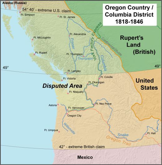 A map showing Oregon Country and the border dispute between the U.S. and Britain, 1818-1846.