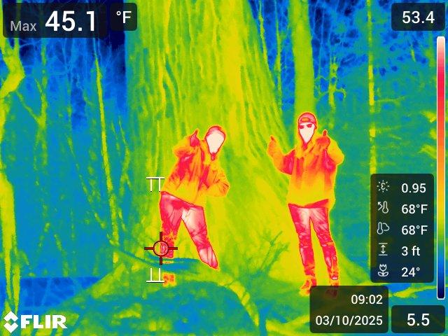 Two women appear on a thermal imagery camera