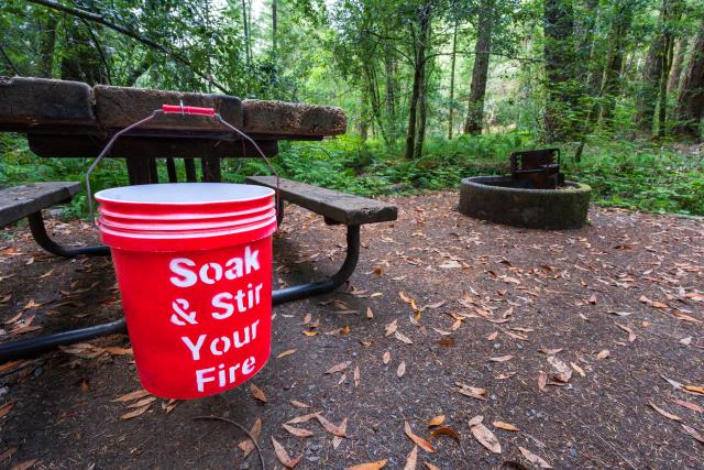 A forest campsite with a picnic table and fire pit with a bright orange bucket.