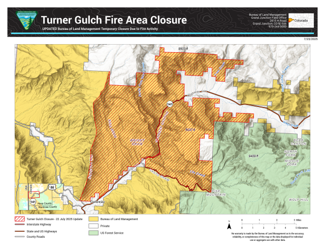 Topographic map with areas of BLM-managed lands closed for safety precautions because of wildfire activity
