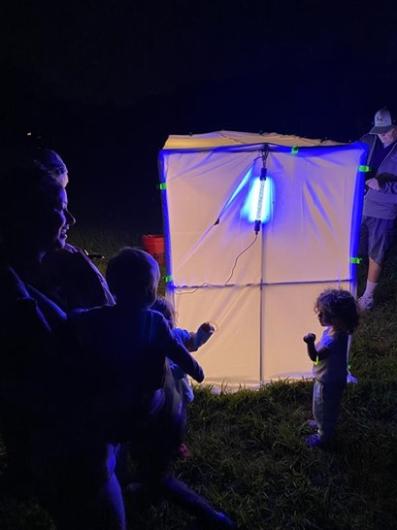 A family gathers around a glowing white tent at night, with kids curiously reaching toward a blue light inside.