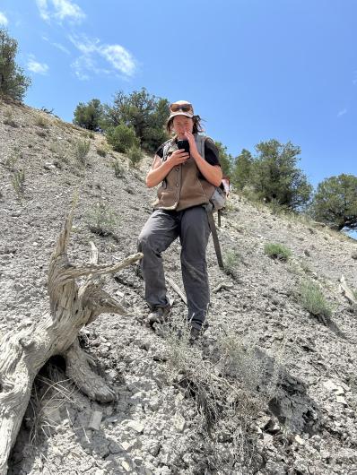 A woman looks down at her iphone as she stands on a rocky hillside. 
