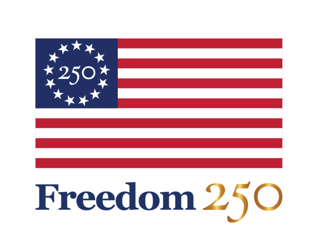 Logo of Freedom250 showing American flag with stars arranged in circle around 250. Words under logo says Freedom 250