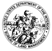 Circular logo with the words "United States Department of the Interior Bureau of Land Management" encircling an image of five men holding tools and equipment related to forestry, mining, ranching and surveying.