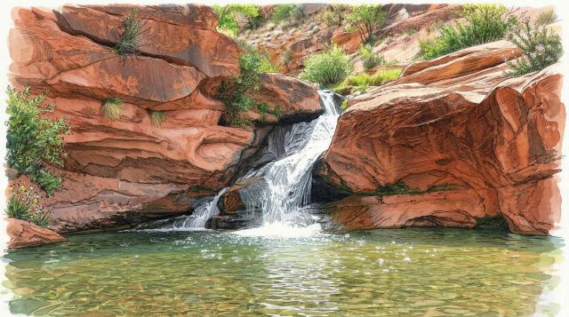 Artistic interpretation of a waterfall through orange cliffs, into a green pool