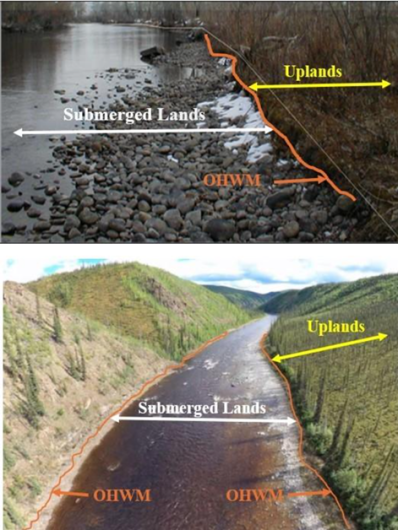 Image of a river and its banks depicting what submerged lands are (lands beneath the water) vs uplands (river banks)