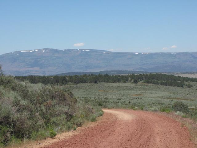 A reddish, loose-gravel road, surrounded by deep green vegetation disappears around a nearby curve. Wooded areas appear in the middle distance, and farther away mountains topped with patches of snow sit below a clear blue sky.  
