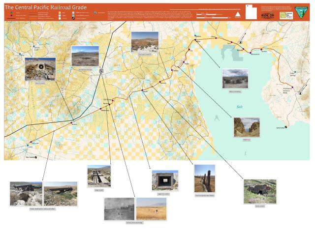 A map traces the route of the Byway and includes small photographs keyed to sites where interpretive materials are available. These sites include Kelton Cemetery, Peplin Cut, the Dove Creek Fill, and others. 