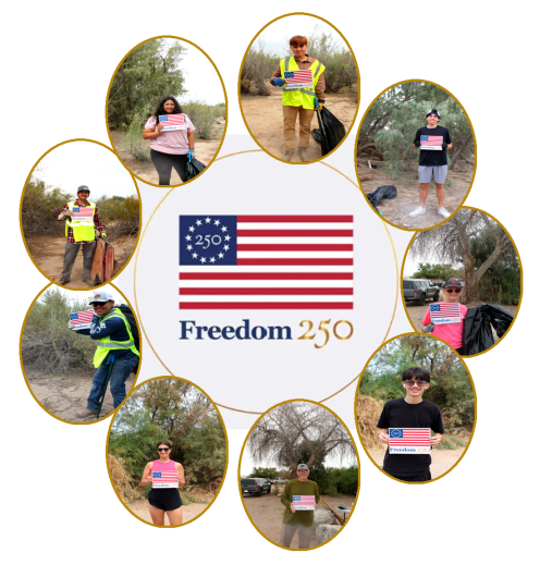 Individual photos of volunteer circle the Freedom 250 logo.