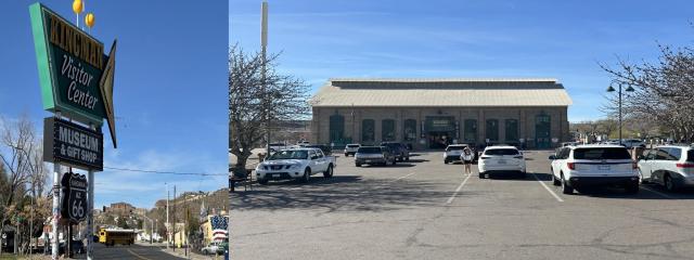 Two-photo collage showing a Route 66 visitor center sign and a nearby museum and gift shop building with parked cars in front.