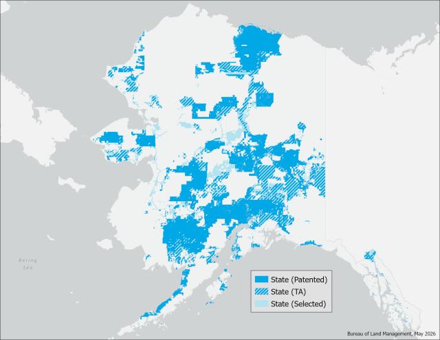 Map of Alaska depicting lands selected by and conveyed to the State of Alaska.