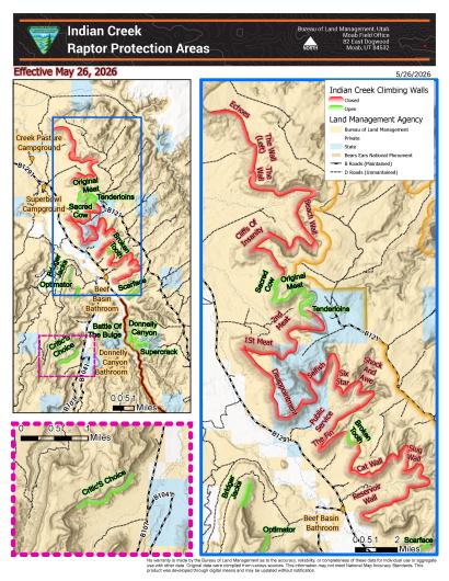 Indian Creek map featuring rock walls listed as open or closed for voluntary avoidance