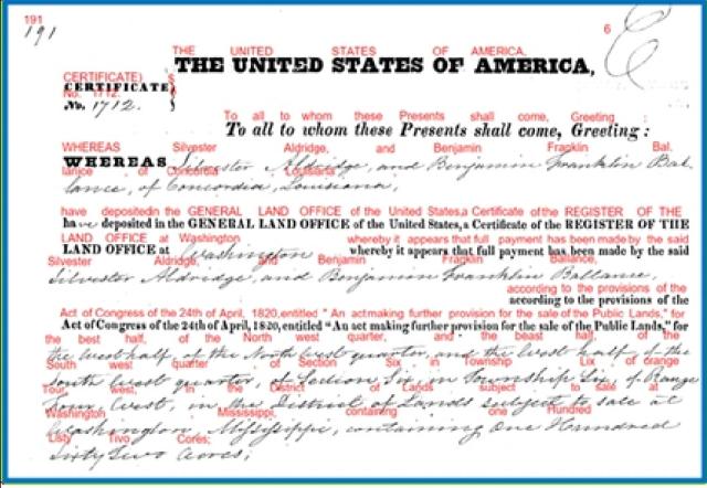 Land patent certificate from the United States of America issued to Sylvester Aldridge and Benjamin Franklin Bank for public land purchase.