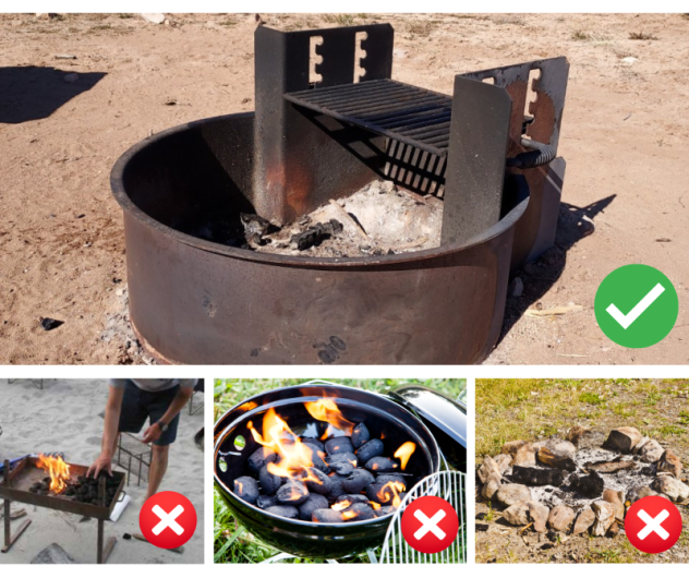 graphic with images of the types of campfires that are allowed and not allowed during stage 1 fire restrictions