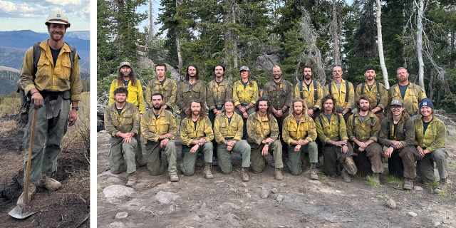 Left: Firefighter Almanzo Wenig stands smiling in a hardhat with a tool on a hillside. Right: The Cedar City Hotshot Crew poses together in dirt-stained yellow fire shirts in a forest.