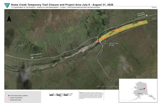 Map of Nome Creek showing the restoration area and the location of the closed trail. 