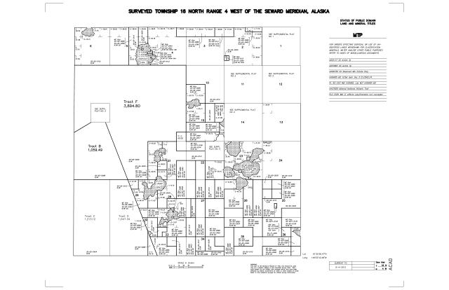 Example image of a BLM Alaska Master Title Plat showing township and range, tracts, lakes, and easements.