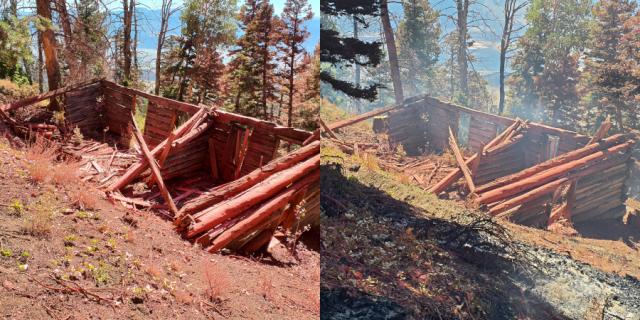 Left: A roofless log cabin structure on a forested hillside. Right: The same cabin remains intact after a fire, surrounded by scorched ground and lingering smoke.