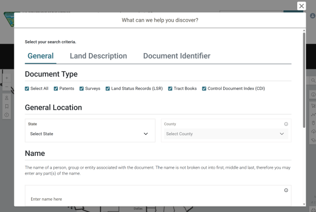 The modernized Advanced Search panel, offering refined options for locating patents, surveys, tract books, and other historical land documents. The updated design provides a cleaner layout, guided entry fields, and improved usability—making detailed record searches more efficient and straightforward.