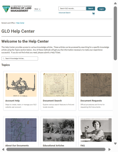 The redesigned GLO Help Center, where users can browse organized topics such as account assistance, document search guidance, and educational articles. The refreshed interface presents resources in a visually appealing, user-friendly way, reinforcing the site’s commitment to accessible support and clearer self-service tools.