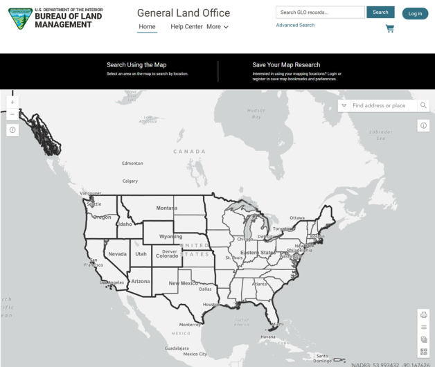 Map of the United States with state boundaries and major cities labeled, displayed on the U.S. Bureau of Land Management General Land Office website.