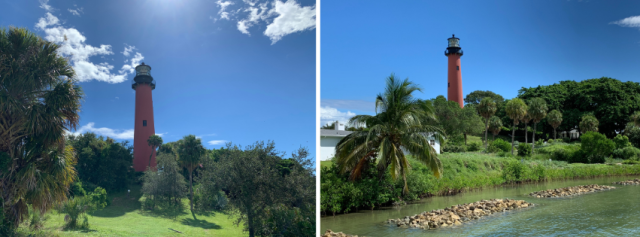 Two views of a red lighthouse surrounded by palm trees and greenery under a bright blue sky.
