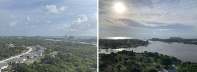 Side-by-side aerial views of a coastal area with greenery, houses, water bodies, and distant buildings under partly cloudy skies.