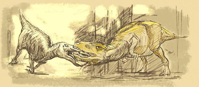 concept sketch of a t.rex biting an edomontosaurus