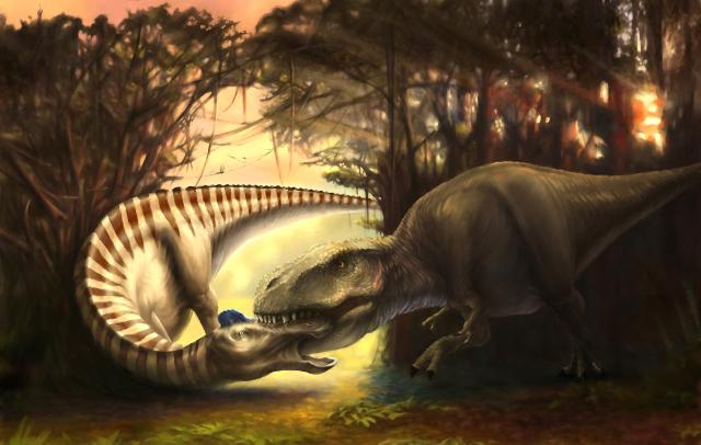 an illustration of a t. rex biting through the head of an edmontosaurus.