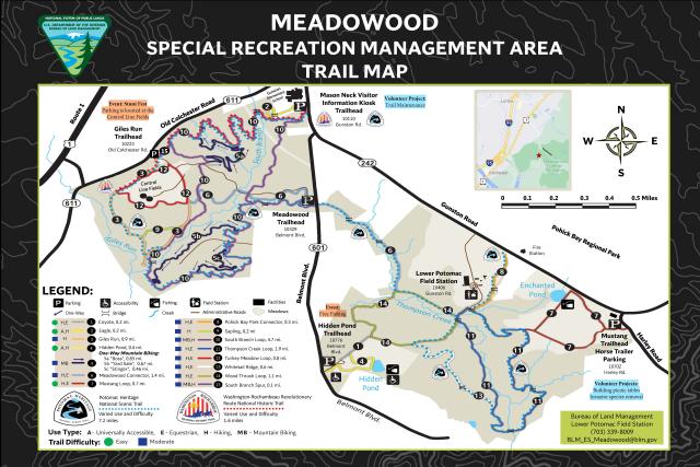 Map of Meadowood Special Recreation Management Area showing trails, parking, trailheads, facilities, and nearby roads.